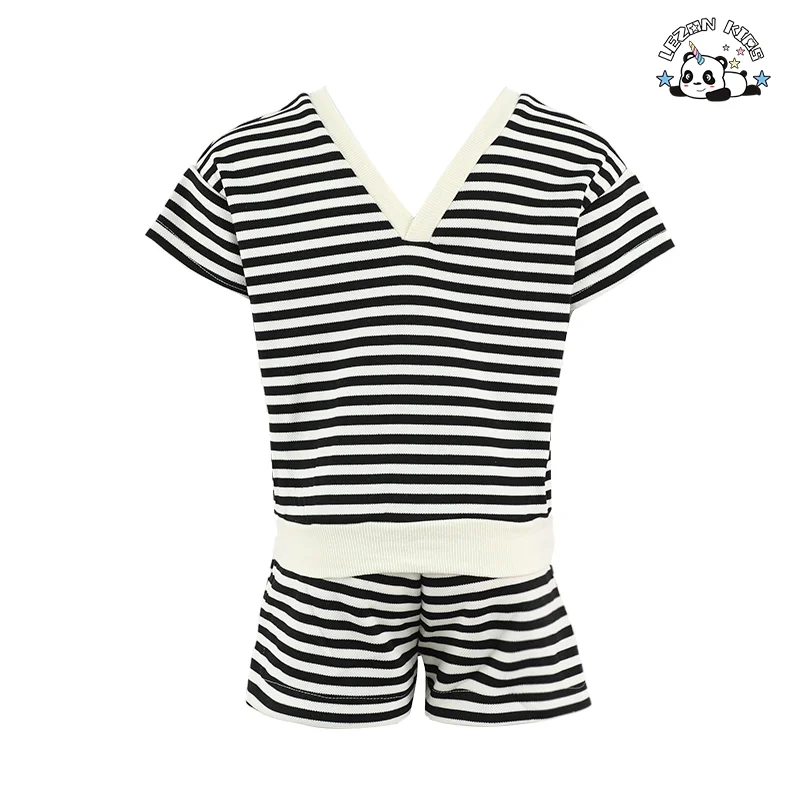 LEZONKIDS - Conjuntos de Roupas para Meninas Pequenas Camisa com Laço de Decote em V Conjunto de Meninas com Listras Curtas Atacado de Fábrica MOQ Baixo Conjunto de Roupas para Crianças Personalizado
